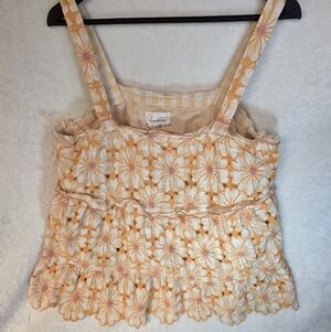Anthropologie embroidered tank top yellow and pink floral with tiered ruffles L